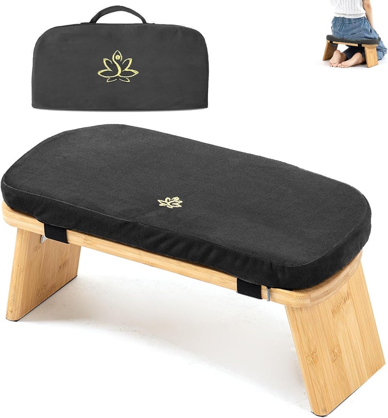 Estleys Meditation Bench, Bamboo Meditation Stool, Folding Kneeling Meditation Bench, Seiza Prayer Bench, Prayer Bench with Meditation Cushion, Kneeling Stool (Black & Bag) - Image 1